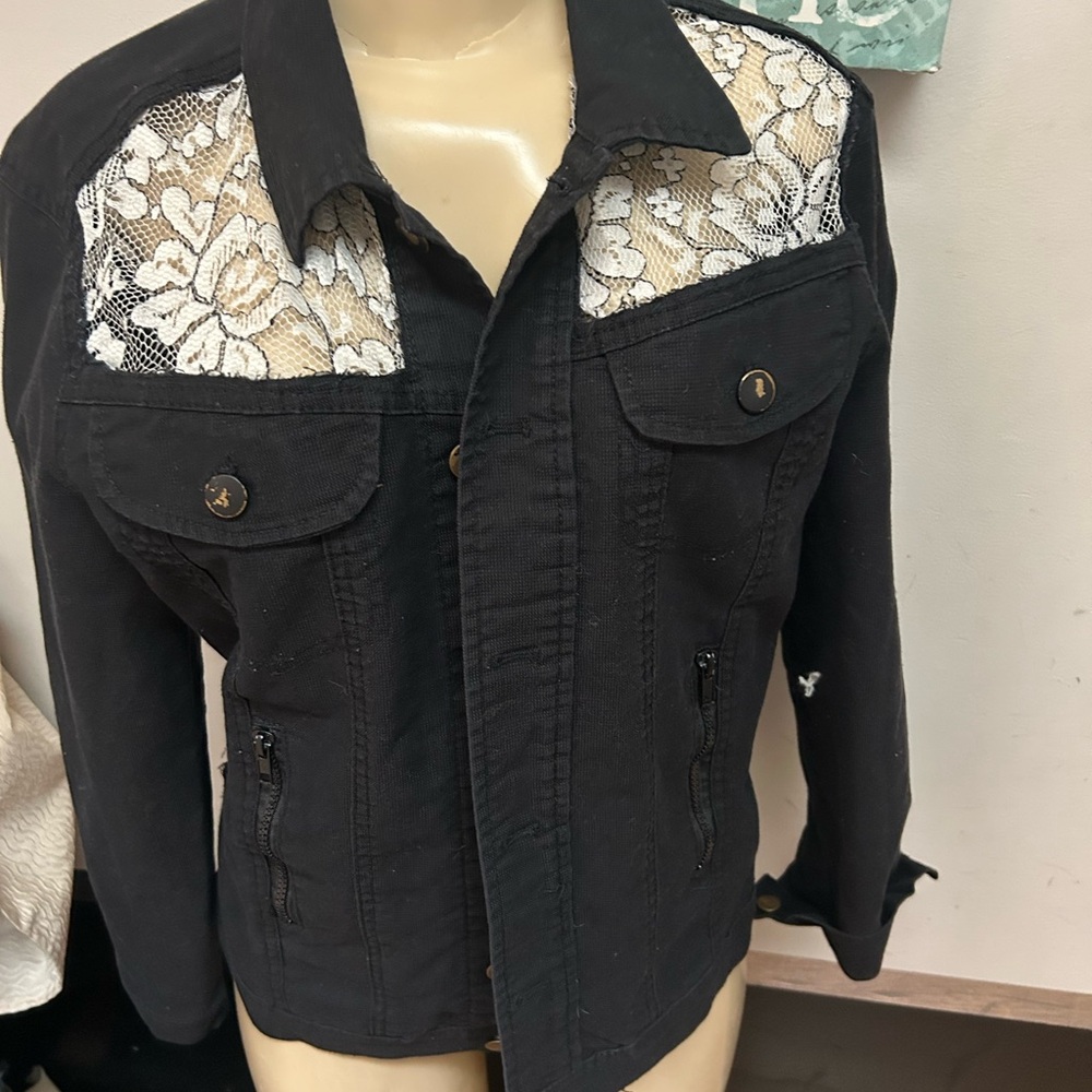 Elegant Black Jean Jacket with Lace Accents